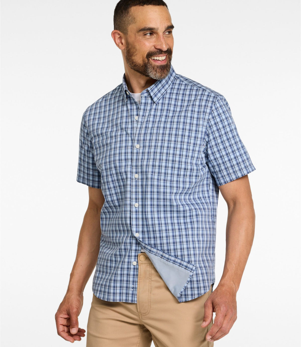 L.L.Bean Men's Comfort Stretch Performance® Shirt, Short-Sleeve, Slightly Fitted Untucked Fit, Plaid Blue Tide