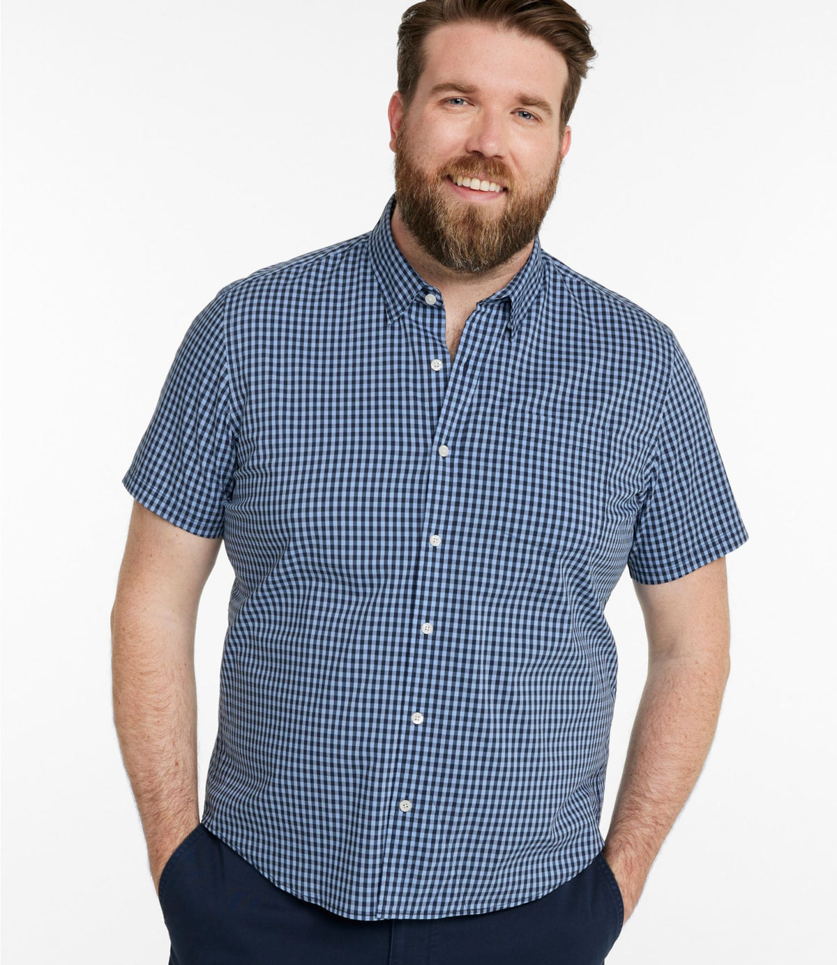 L.L.Bean Men's Comfort Stretch Performance® Shirt, Short-Sleeve, Slightly Fitted Untucked Fit, Plaid Blue Tide