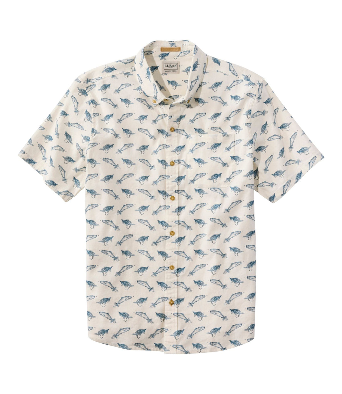 L.L.Bean Men's Stonecoast Hemp Shirt, Short-Sleeve, Slightly Fitted Untucked Fit, Print Bone Fish and Flies