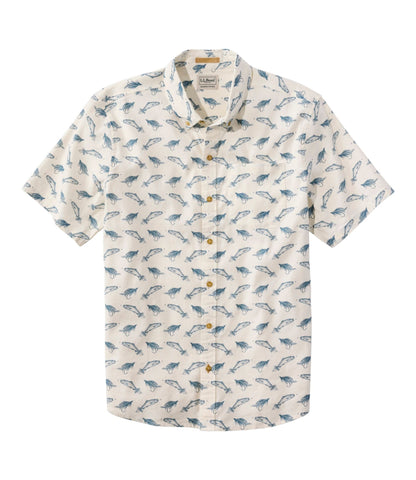 L.L.Bean Men's Stonecoast Hemp Shirt, Short-Sleeve, Slightly Fitted Untucked Fit, Print Bone Fish and Flies
