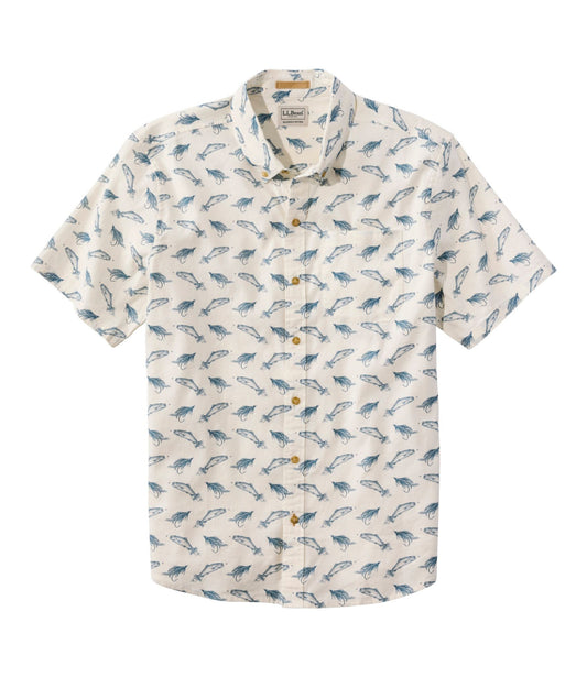 L.L.Bean Men's Stonecoast Hemp Shirt, Short-Sleeve, Slightly Fitted Untucked Fit, Print Bone Fish and Flies
