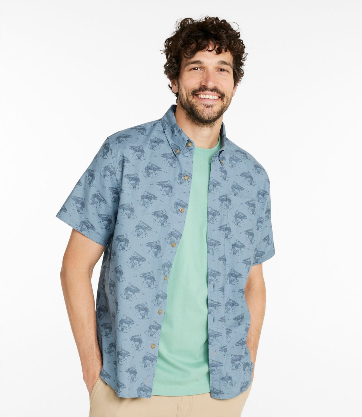 L.L.Bean Men's Stonecoast Hemp Shirt, Short-Sleeve, Slightly Fitted Untucked Fit, Print Bone Fish and Flies