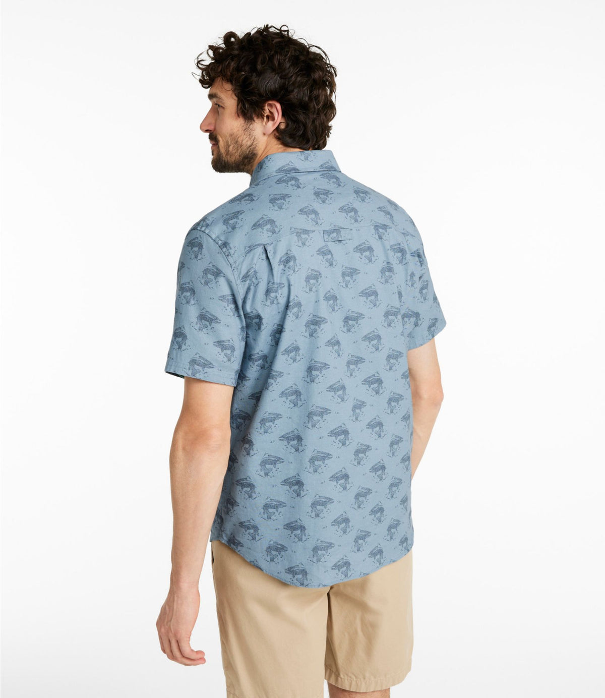 L.L.Bean Men's Stonecoast Hemp Shirt, Short-Sleeve, Slightly Fitted Untucked Fit, Print Bone Fish and Flies