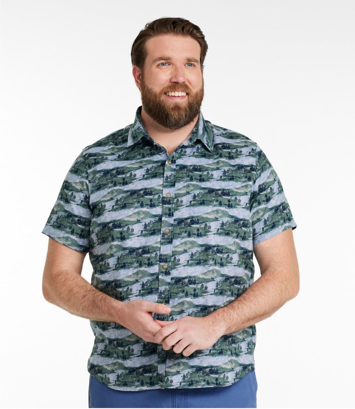 L.L.Bean Men's Stonecoast Hemp Shirt, Short-Sleeve, Slightly Fitted Untucked Fit, Print Bone Fish and Flies