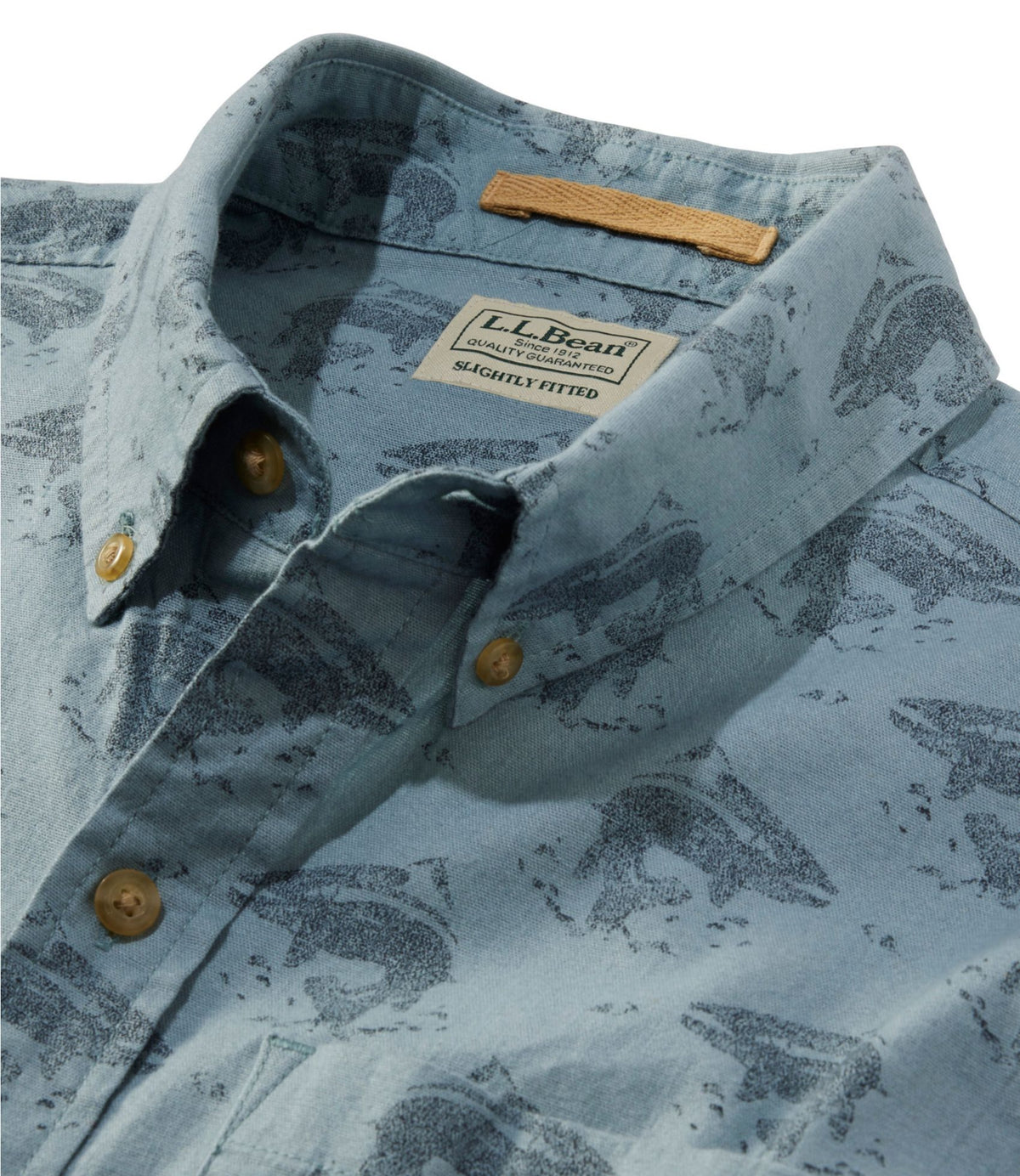L.L.Bean Men's Stonecoast Hemp Shirt, Short-Sleeve, Slightly Fitted Untucked Fit, Print Bone Fish and Flies