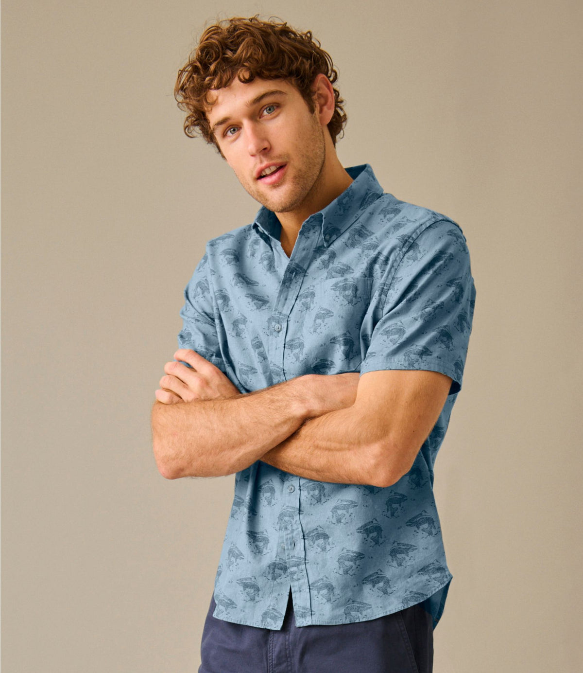 L.L.Bean Men's Stonecoast Hemp Shirt, Short-Sleeve, Slightly Fitted Untucked Fit, Print Bone Fish and Flies