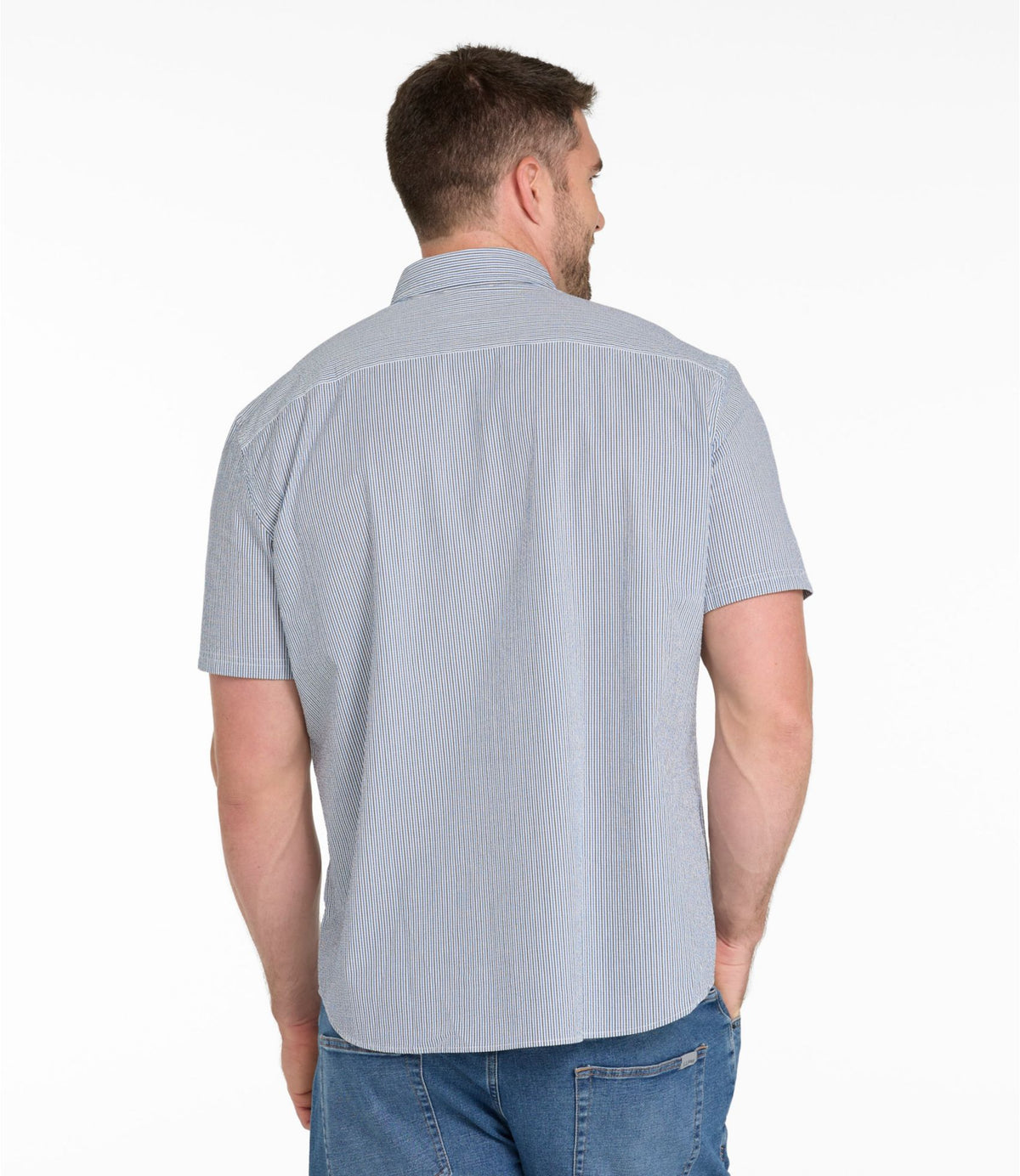 L.L.Bean Men's Comfort Stretch Performance® Seersucker Shirt, Short-Sleeve, Slightly Fitted Untucked Fit, Stripe Classic Navy