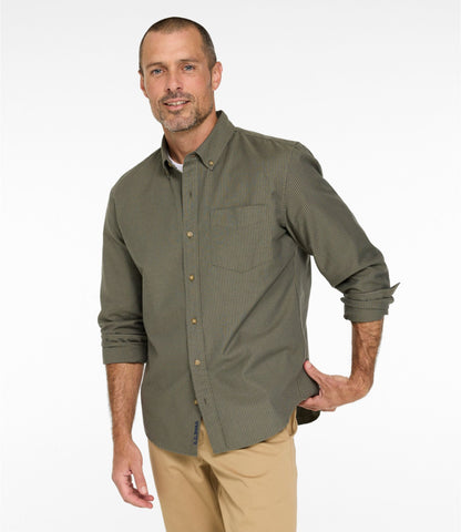 L.L.Bean Men's Sunwashed Oxford Shirt, Slightly Fitted Untucked Fit, Stripe Olive Gray