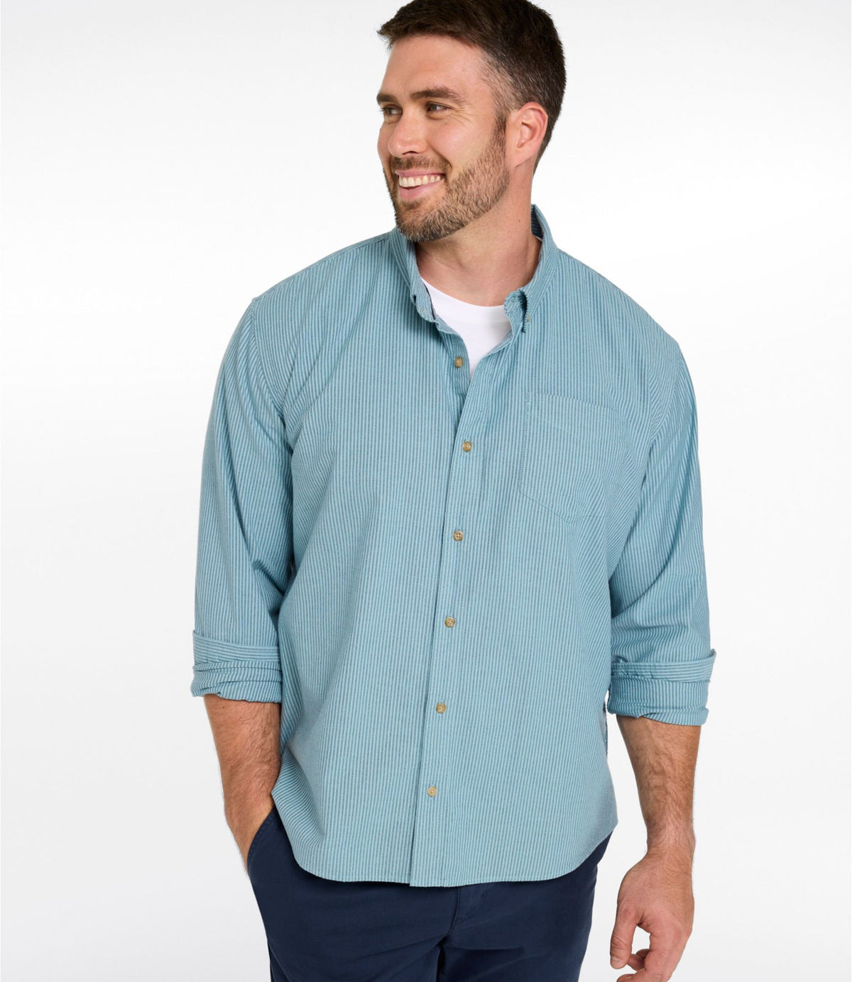 L.L.Bean Men's Sunwashed Oxford Shirt, Slightly Fitted Untucked Fit, Stripe Olive Gray