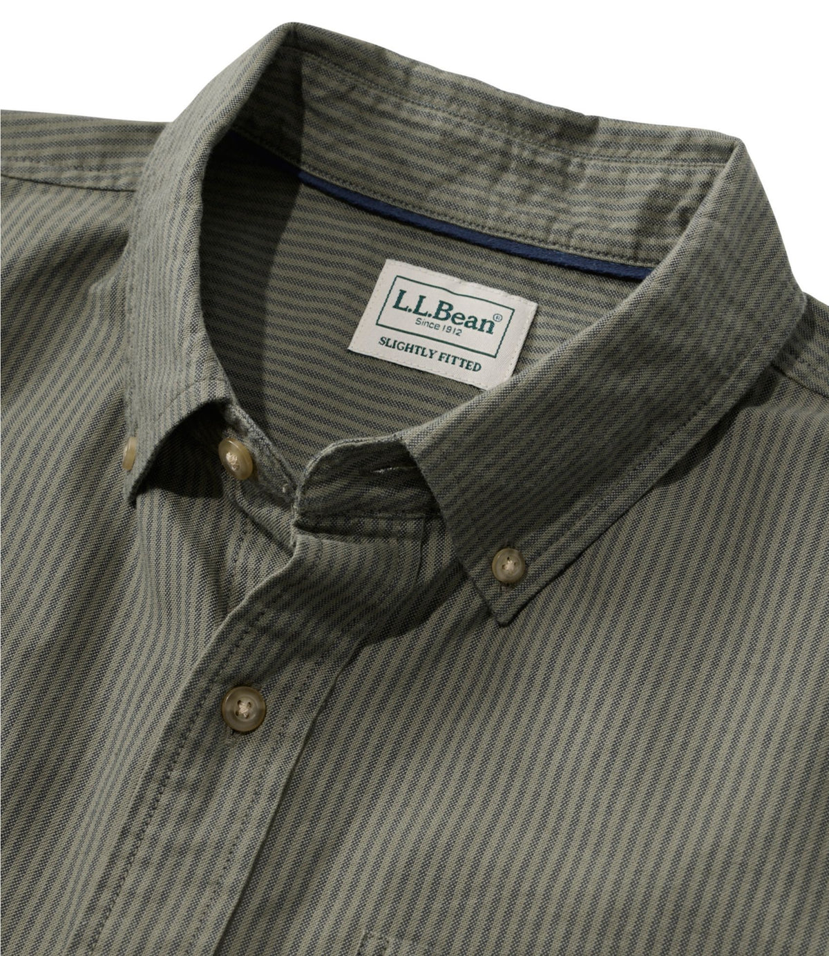 L.L.Bean Men's Sunwashed Oxford Shirt, Slightly Fitted Untucked Fit, Stripe Olive Gray