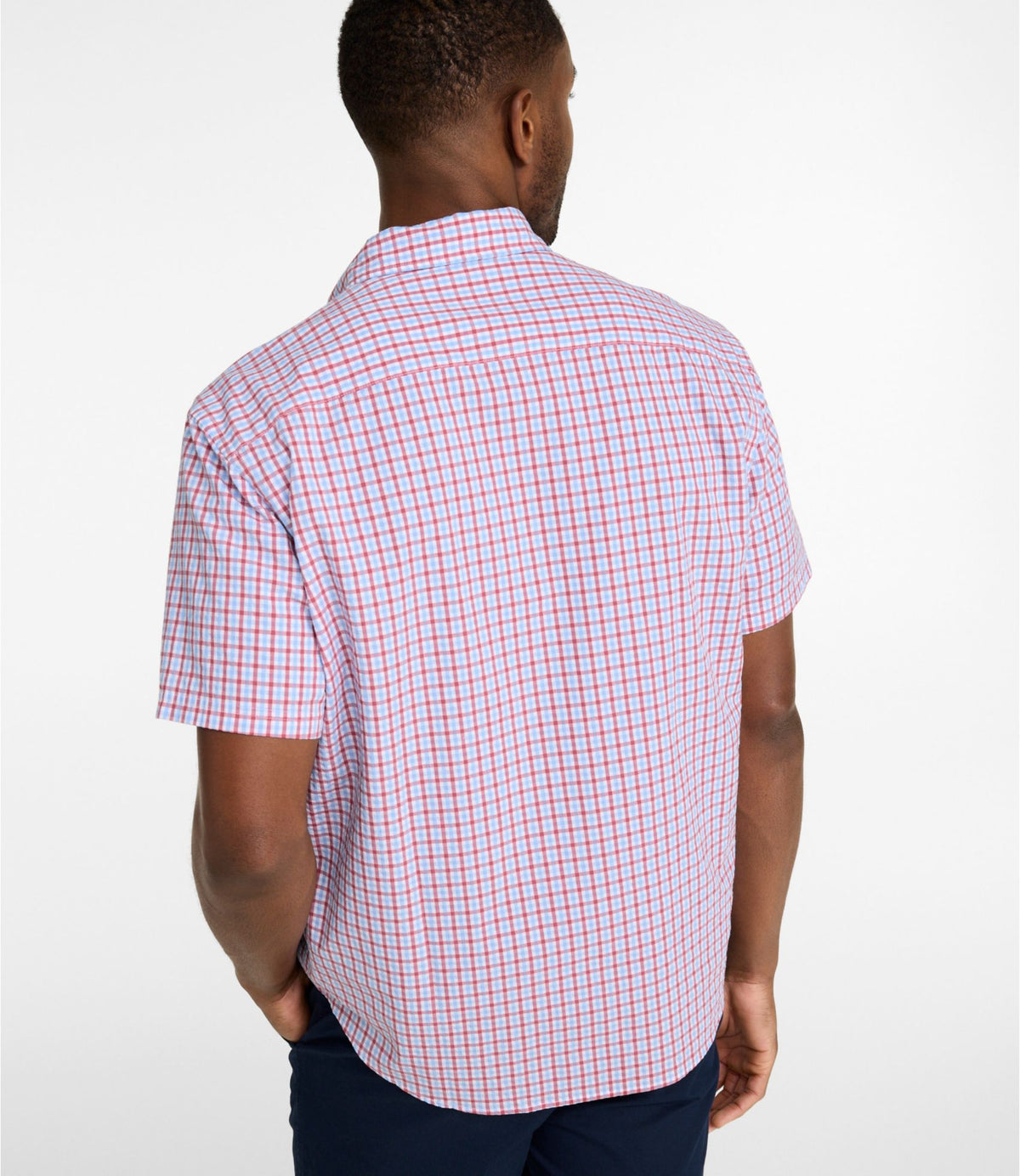 L.L.Bean Men's Comfort Stretch Performance® Seersucker Shirt, Short-Sleeve, Slightly Fitted Untucked Fit, Plaid Seaboard Blue