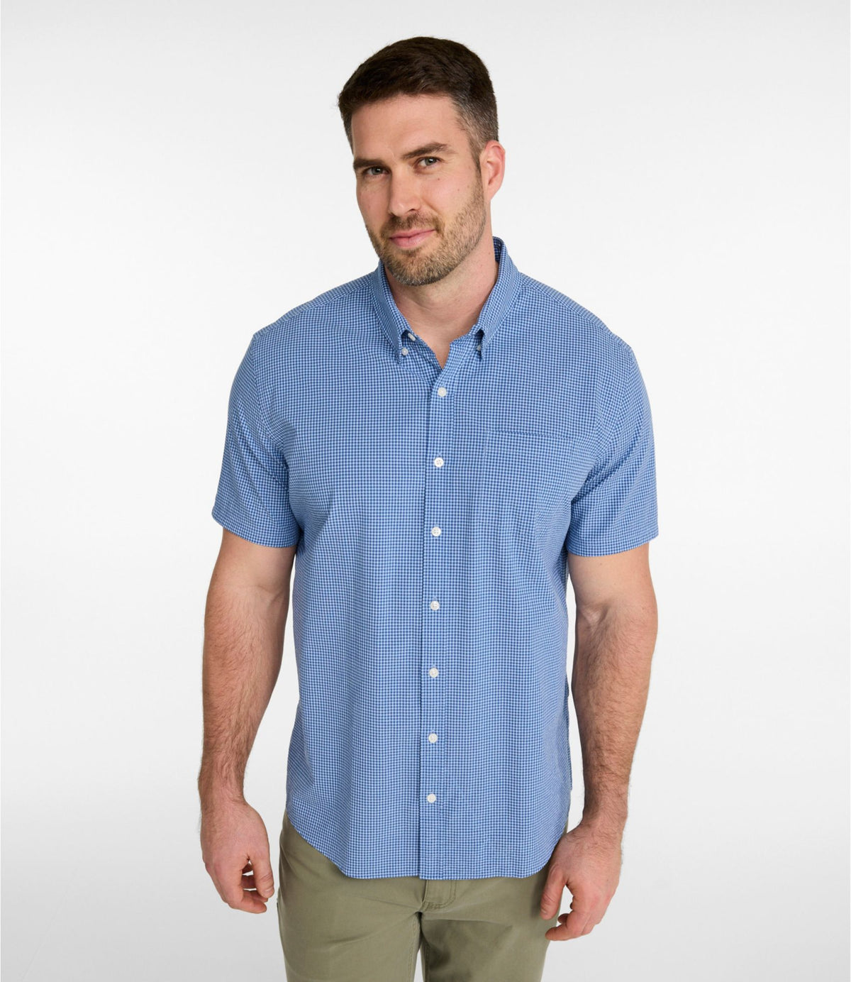 L.L.Bean Men's Comfort Stretch Performance® Seersucker Shirt, Short-Sleeve, Slightly Fitted Untucked Fit, Plaid Seaboard Blue