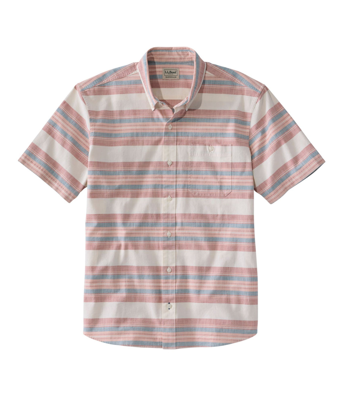 L.L.Bean Men's Comfort Stretch Chambray Shirt, Traditional Untucked Fit, Short-Sleeve, Stripe Faded Redwood
