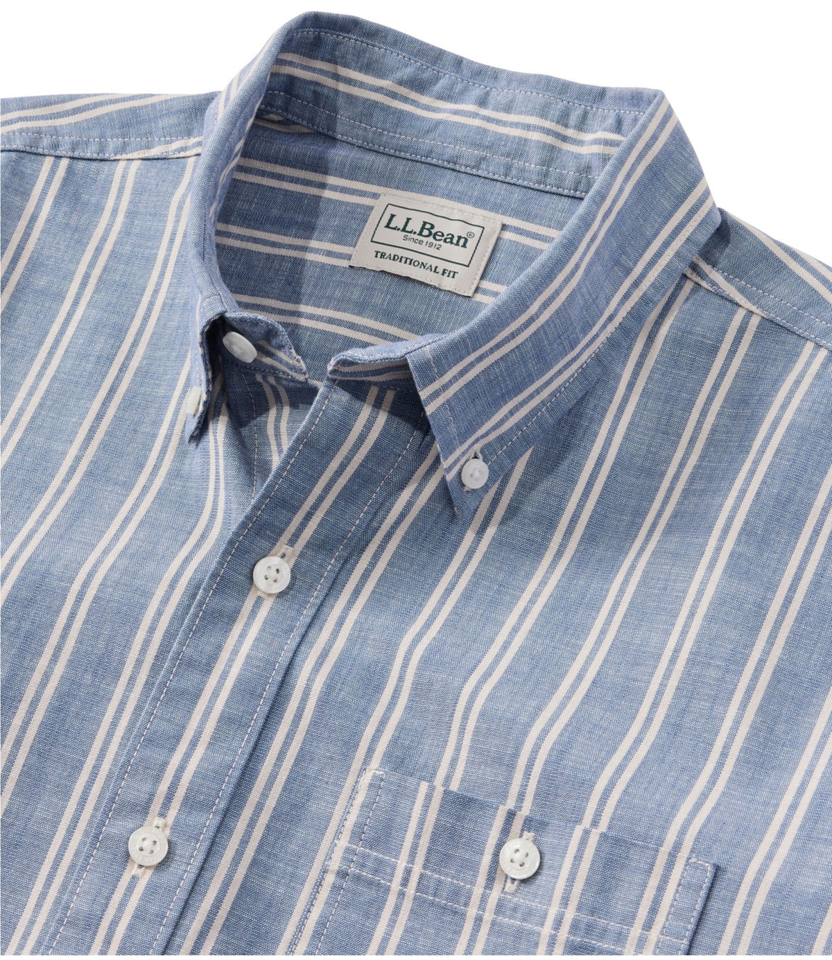 L.L.Bean Men's Comfort Stretch Chambray Shirt, Traditional Untucked Fit, Short-Sleeve, Stripe Faded Redwood