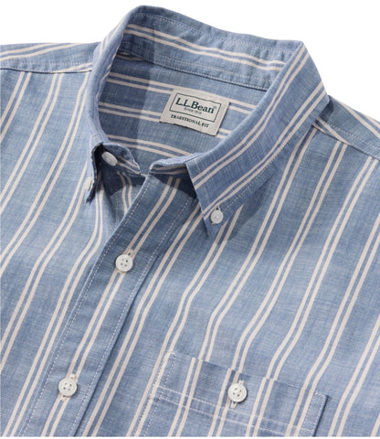 L.L.Bean Men's Comfort Stretch Chambray Shirt, Traditional Untucked Fit, Short-Sleeve, Stripe Faded Redwood