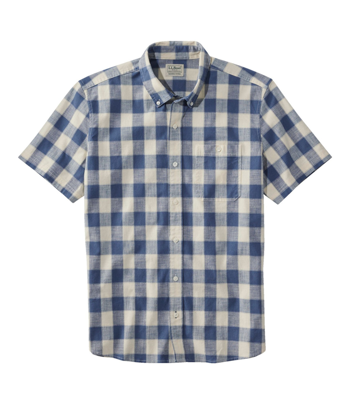 L.L.Bean Men's Comfort Stretch® Chambray Shirt, Slightly Fitted Untucked Fit, Short-Sleeve, Plaid Vintage Indigo