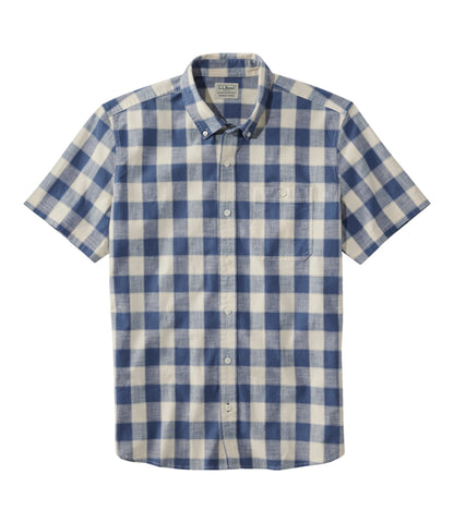 L.L.Bean Men's Comfort Stretch® Chambray Shirt, Slightly Fitted Untucked Fit, Short-Sleeve, Plaid Vintage Indigo