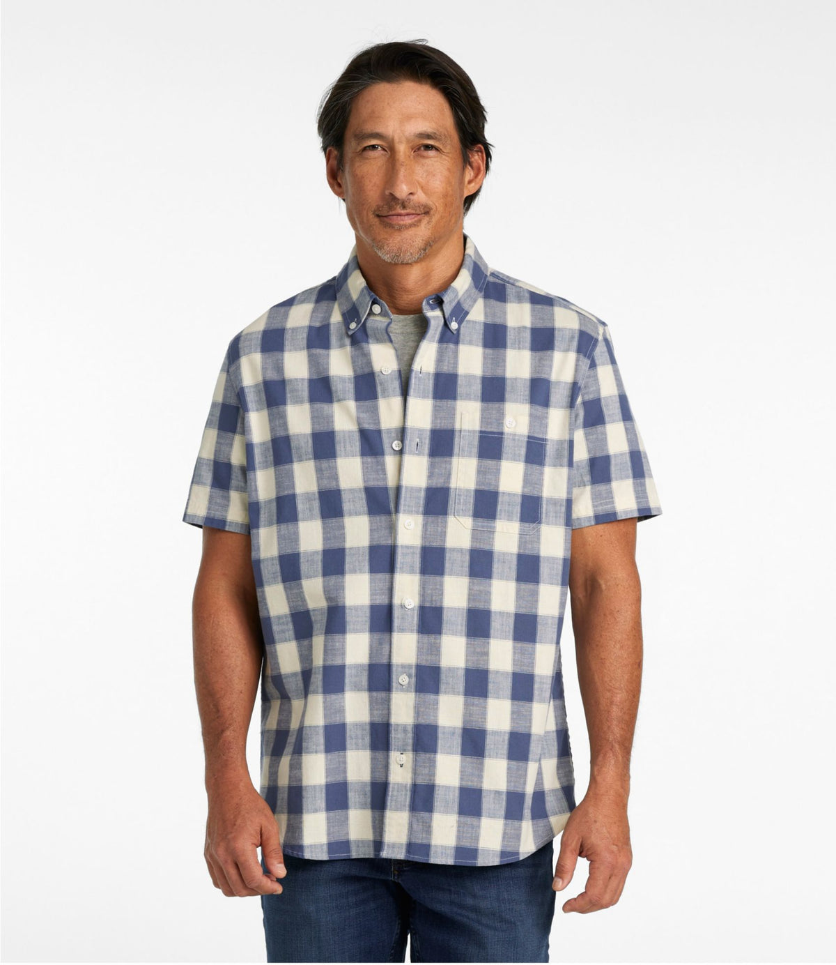 L.L.Bean Men's Comfort Stretch® Chambray Shirt, Slightly Fitted Untucked Fit, Short-Sleeve, Plaid Vintage Indigo