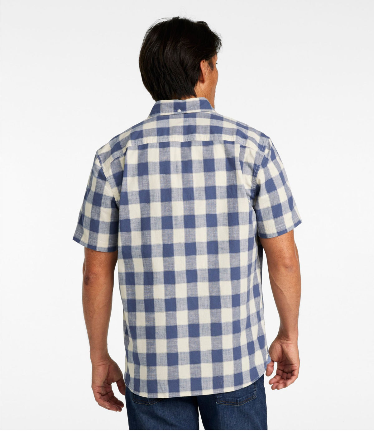 L.L.Bean Men's Comfort Stretch® Chambray Shirt, Slightly Fitted Untucked Fit, Short-Sleeve, Plaid Vintage Indigo