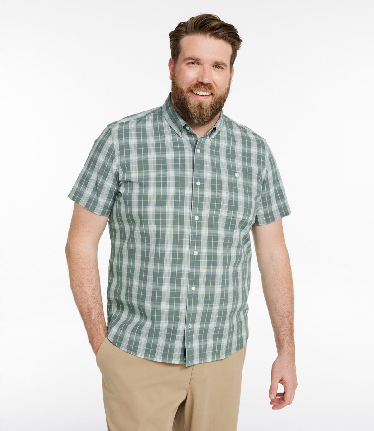L.L.Bean Men's Comfort Stretch® Chambray Shirt, Slightly Fitted Untucked Fit, Short-Sleeve, Plaid Vintage Indigo
