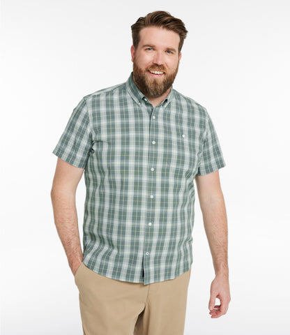 L.L.Bean Men's Comfort Stretch® Chambray Shirt, Slightly Fitted Untucked Fit, Short-Sleeve, Plaid Vintage Indigo
