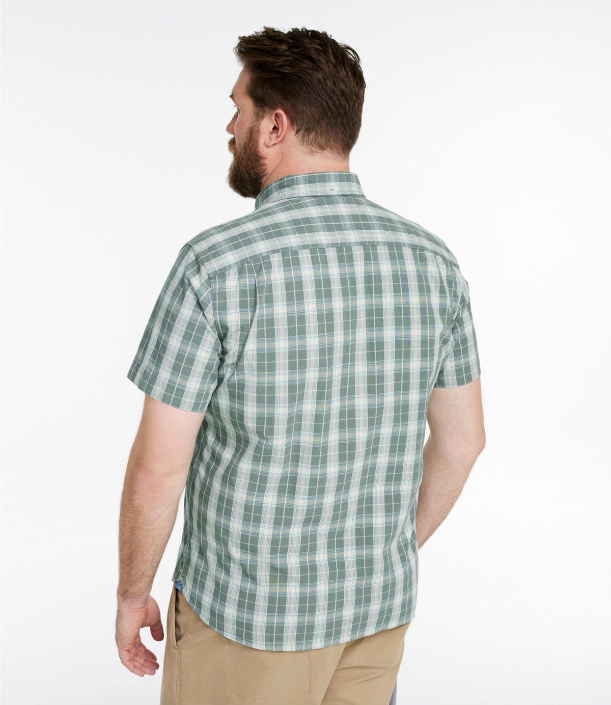 L.L.Bean Men's Comfort Stretch® Chambray Shirt, Slightly Fitted Untucked Fit, Short-Sleeve, Plaid Vintage Indigo