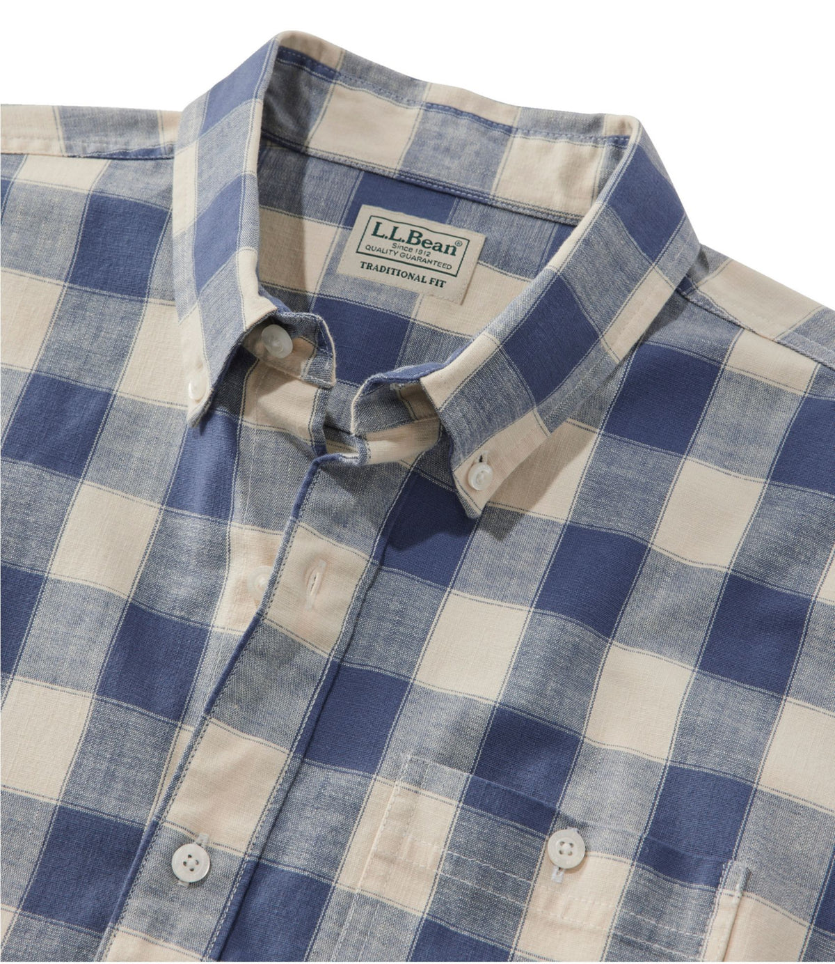 L.L.Bean Men's Comfort Stretch® Chambray Shirt, Slightly Fitted Untucked Fit, Short-Sleeve, Plaid Vintage Indigo
