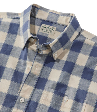 L.L.Bean Men's Comfort Stretch® Chambray Shirt, Slightly Fitted Untucked Fit, Short-Sleeve, Plaid Vintage Indigo