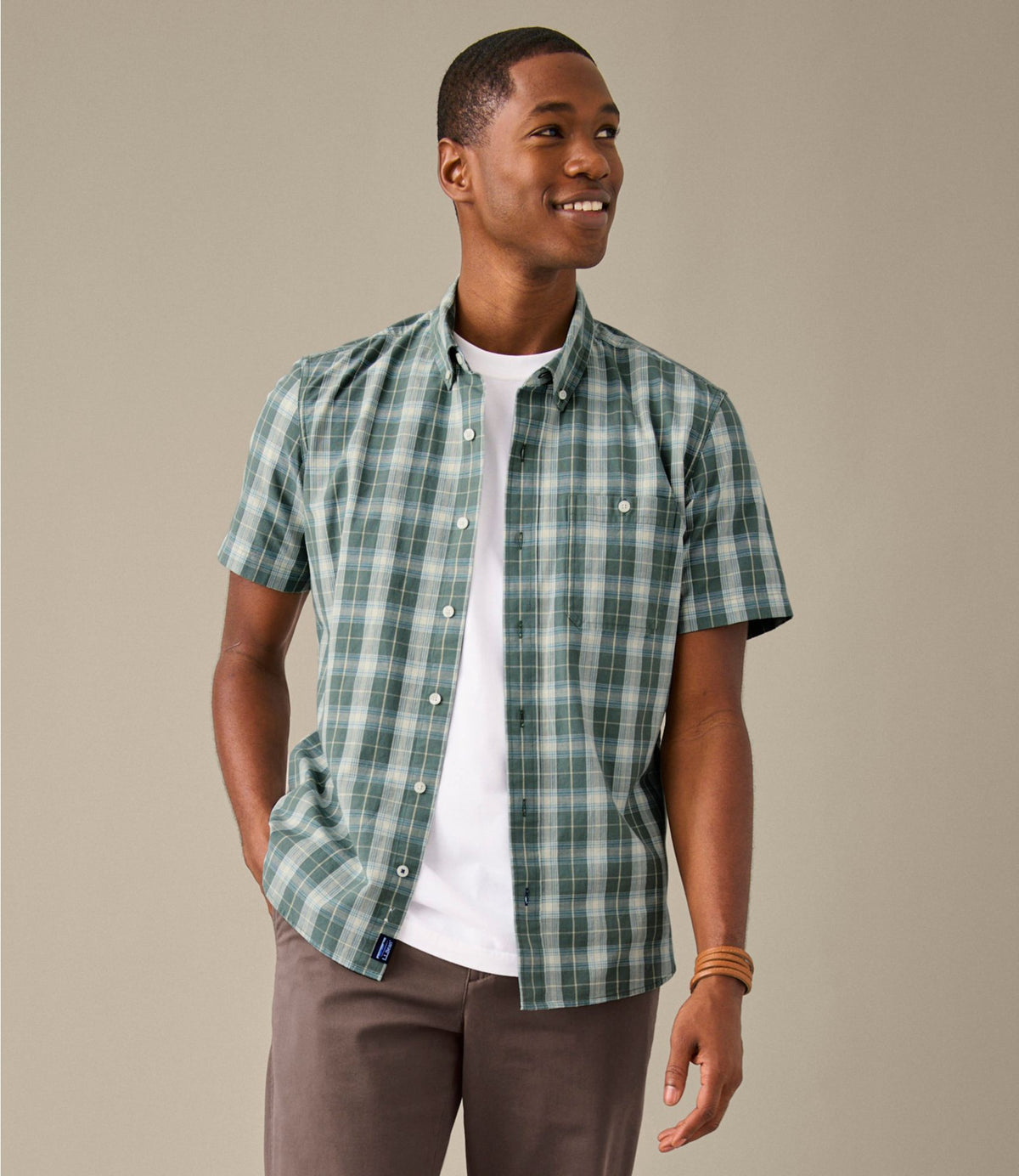 L.L.Bean Men's Comfort Stretch® Chambray Shirt, Slightly Fitted Untucked Fit, Short-Sleeve, Plaid Vintage Indigo