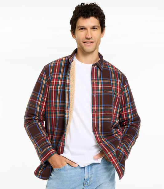 L.L.Bean Men's Sherpa-Lined Scotch Plaid Shirt, Slightly Fitted Deepest Brown Stewart