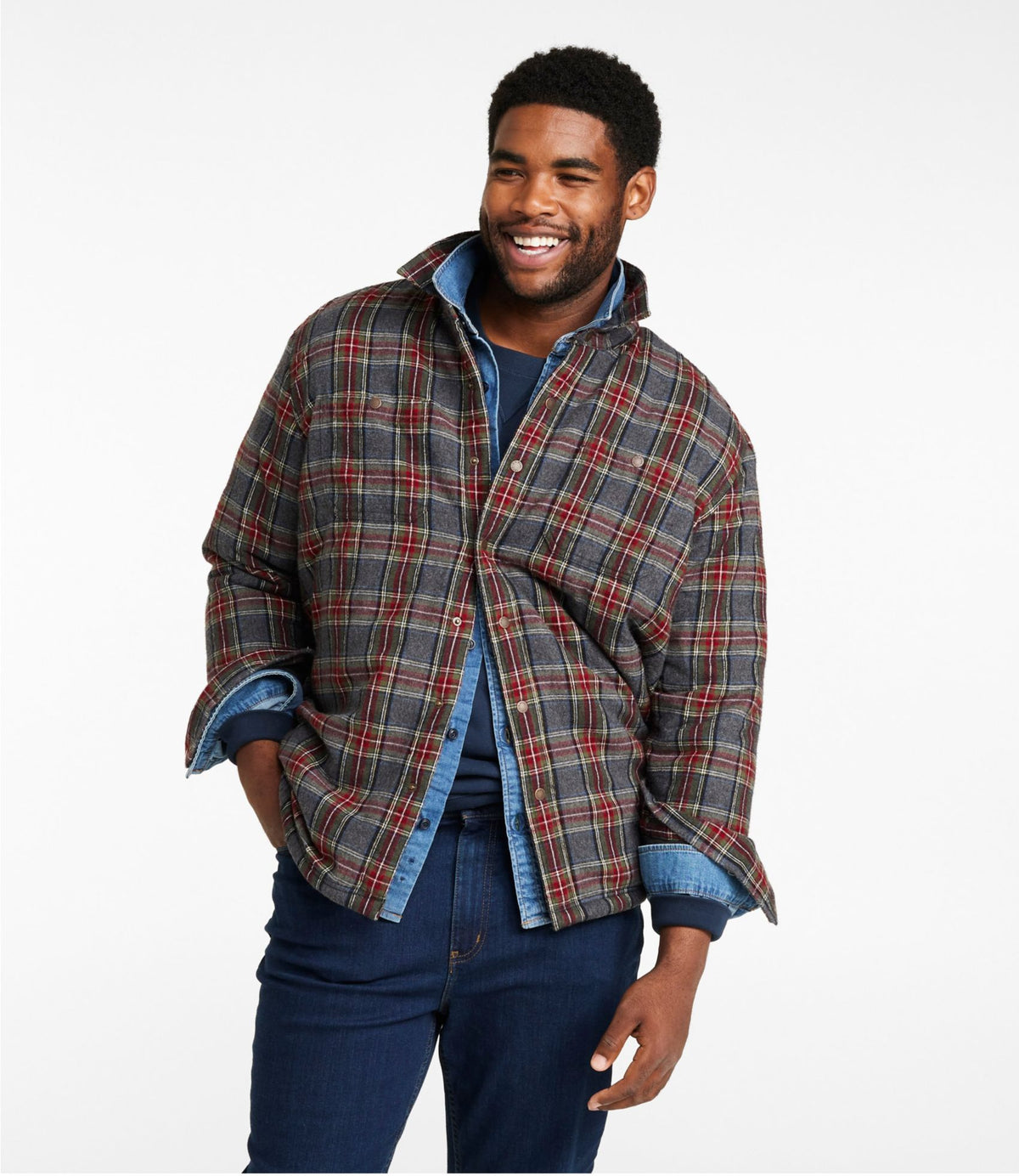 L.L.Bean Men's Sherpa-Lined Scotch Plaid Shirt, Slightly Fitted Deepest Brown Stewart