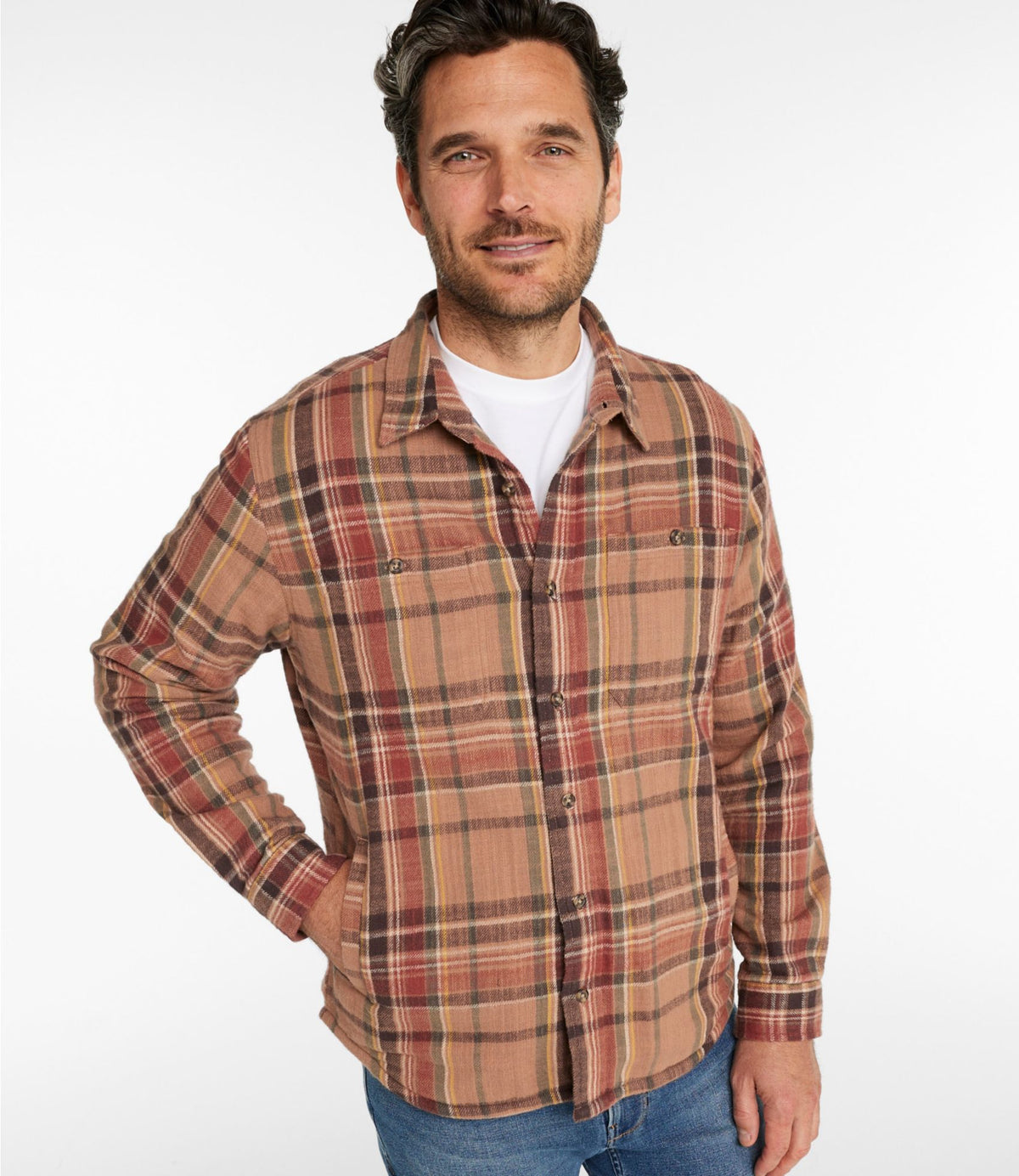 L.L.Bean Men's 1912 Field Flannel Shirt, Lined, Slightly Fitted Untucked Fit, Plaid Toasted Coconut
