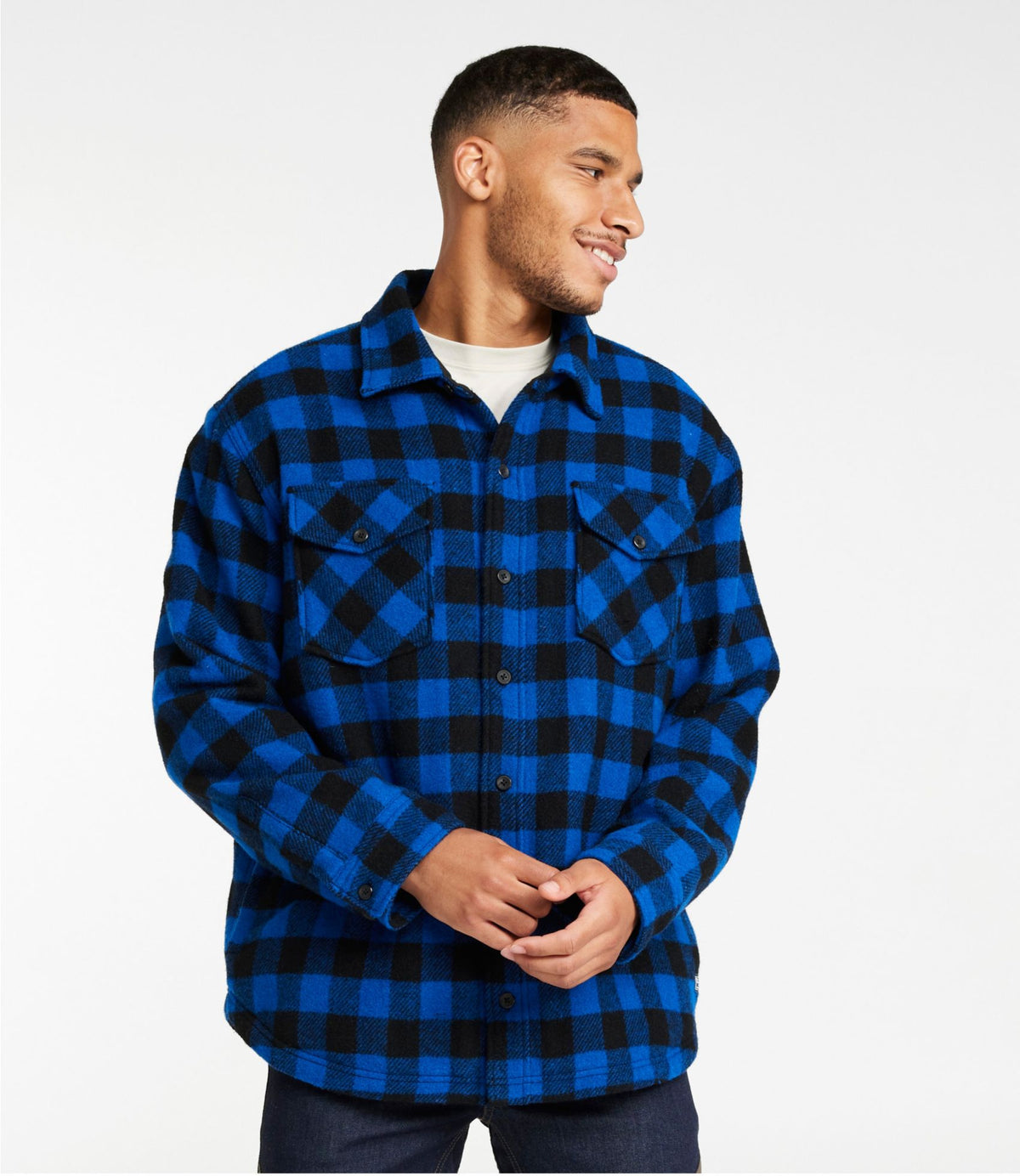 L.L.Bean Men's Maine Guide Sherpa Lined Wool Shirt Cobalt/Black