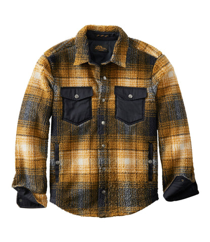 L.L.Bean Men's Signature Mixed Media Fleece Shirt Jacket, Plaid Black Slate/Dark Amber