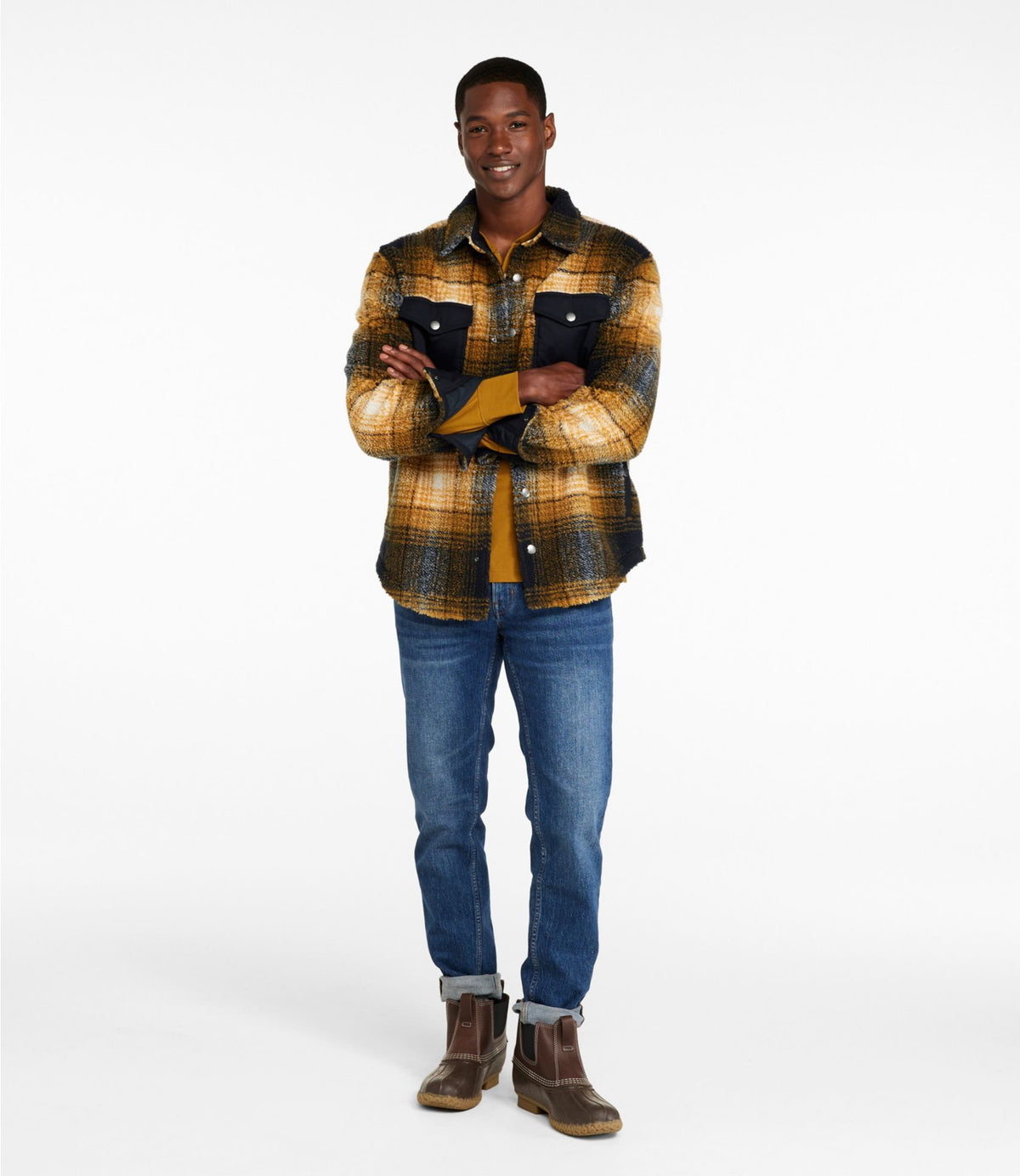 L.L.Bean Men's Signature Mixed Media Fleece Shirt Jacket, Plaid Black Slate/Dark Amber