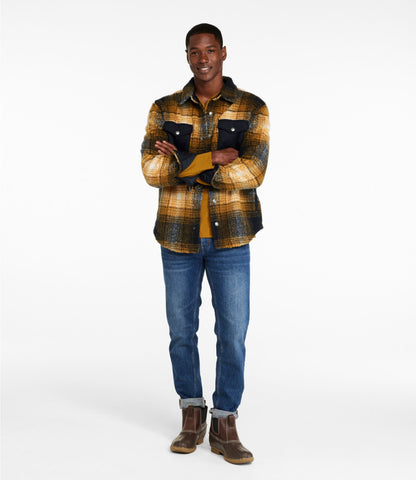 L.L.Bean Men's Signature Mixed Media Fleece Shirt Jacket, Plaid Black Slate/Dark Amber