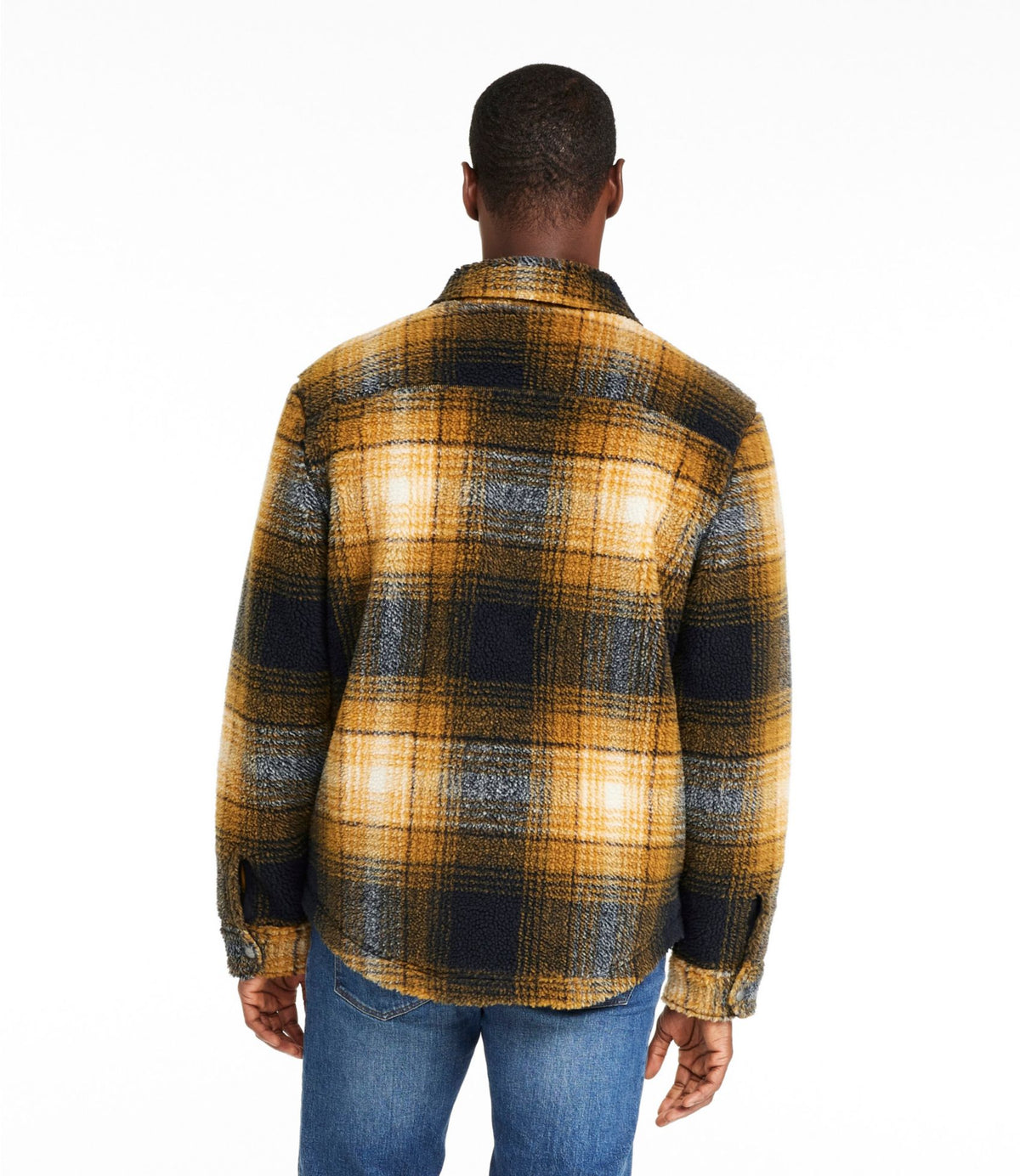 L.L.Bean Men's Signature Mixed Media Fleece Shirt Jacket, Plaid Black Slate/Dark Amber