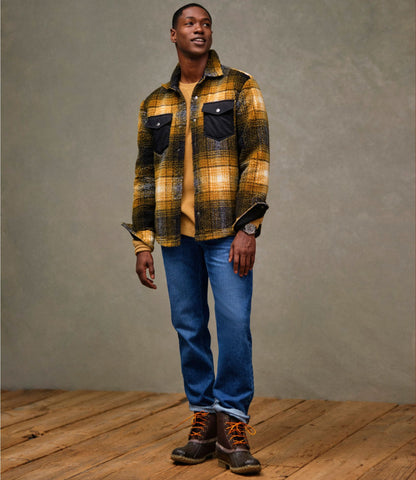 L.L.Bean Men's Signature Mixed Media Fleece Shirt Jacket, Plaid Black Slate/Dark Amber