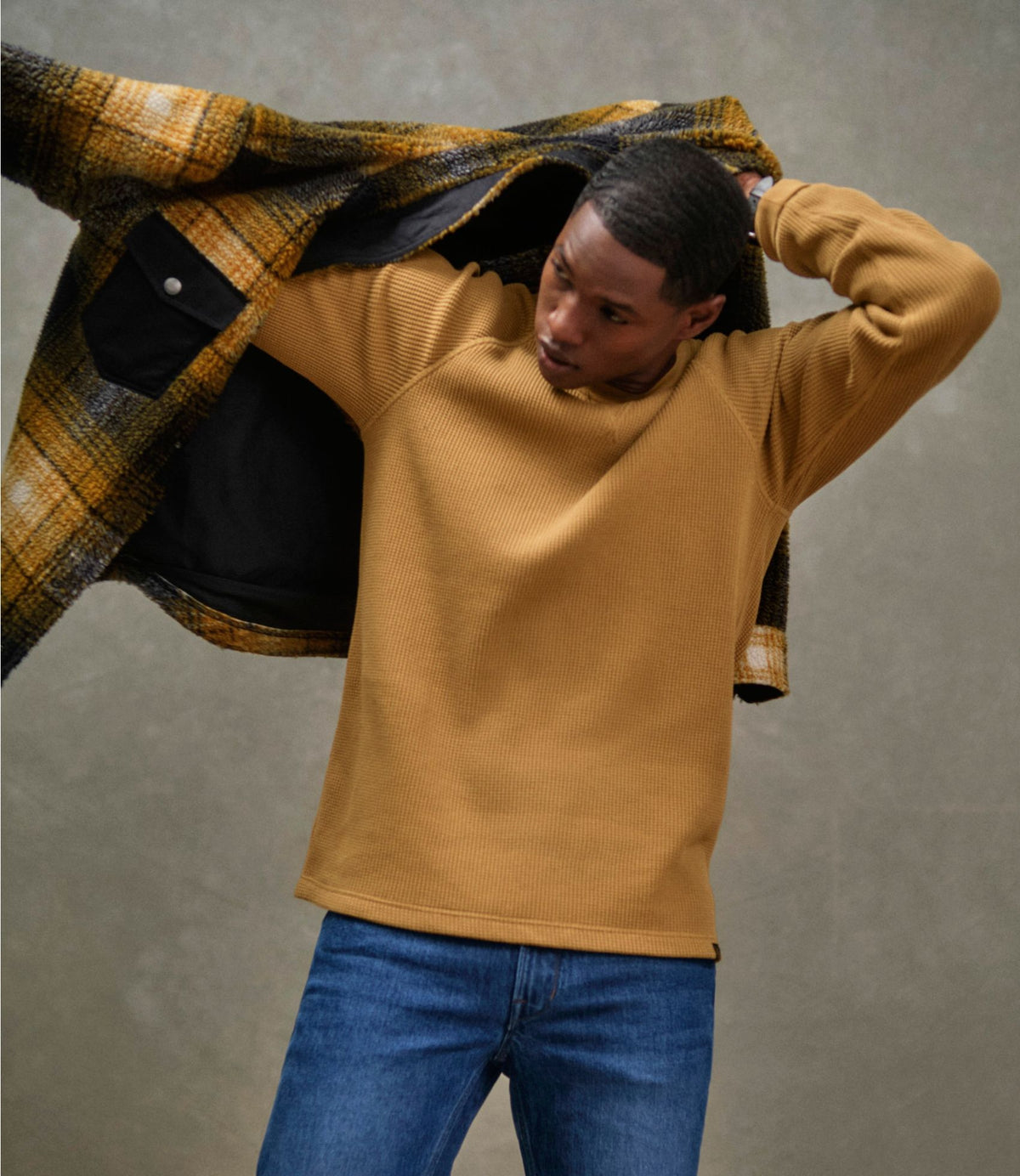L.L.Bean Men's Signature Mixed Media Fleece Shirt Jacket, Plaid Black Slate/Dark Amber
