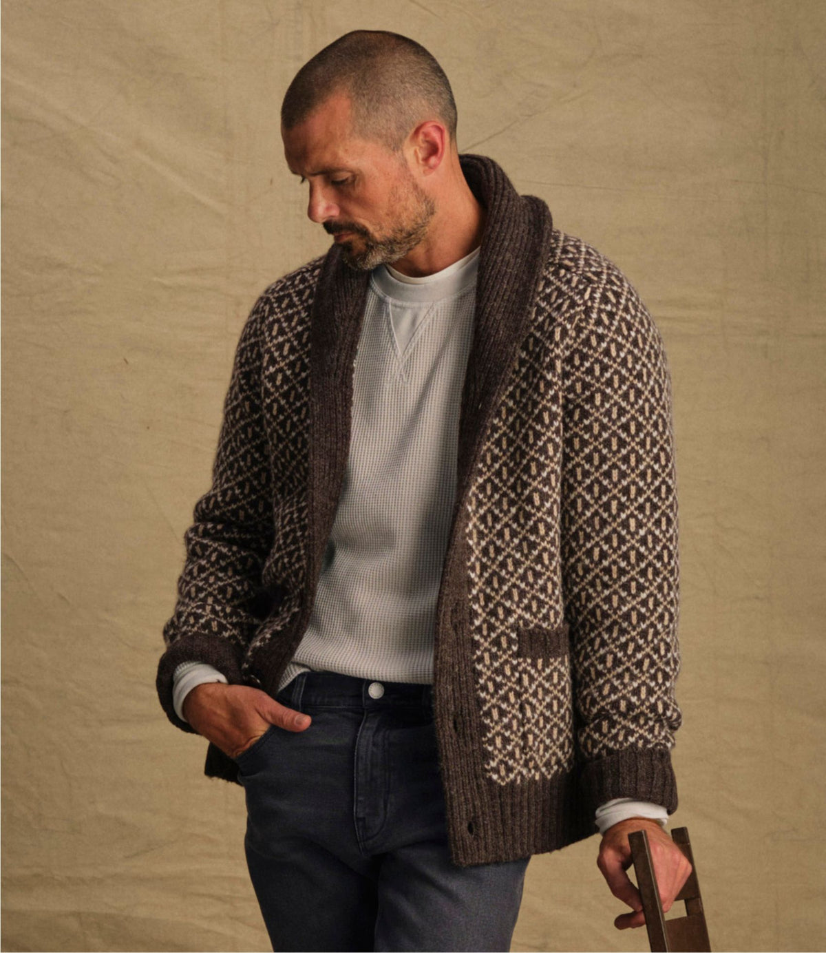 L.L.Bean Men's Signature 1980 Matinicus Rock Sweater, Cardigan Deepest Brown Birdseye