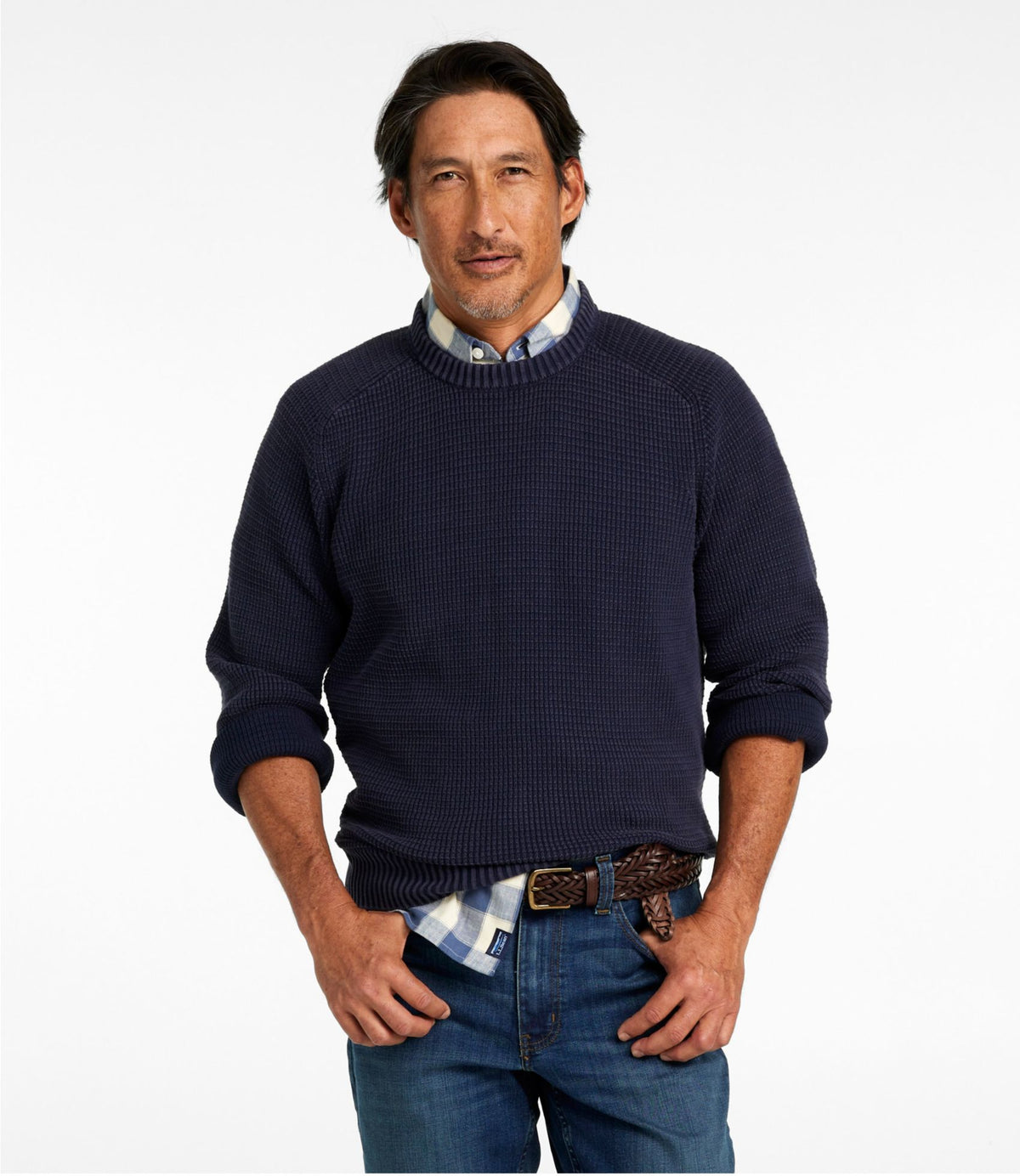 L.L.Bean Men's Sunwashed Textured Cotton Sweater, Crewneck Classic Navy