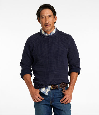 L.L.Bean Men's Sunwashed Textured Cotton Sweater, Crewneck Classic Navy