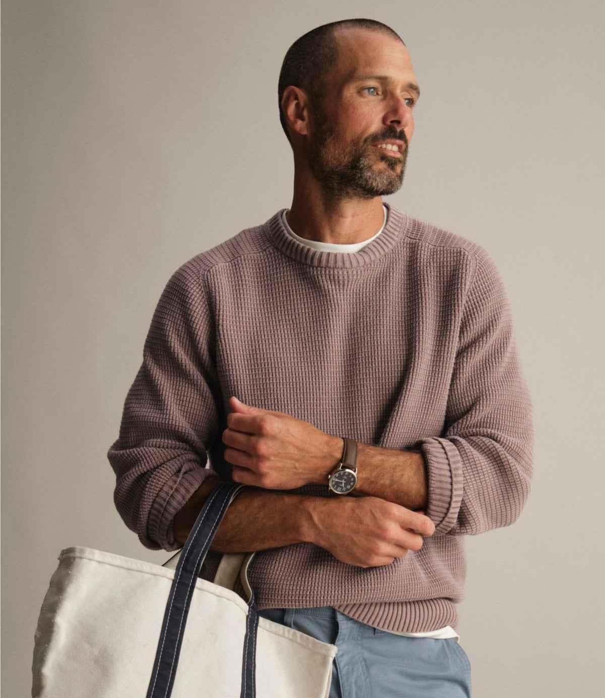 L.L.Bean Men's Sunwashed Textured Cotton Sweater, Crewneck Classic Navy