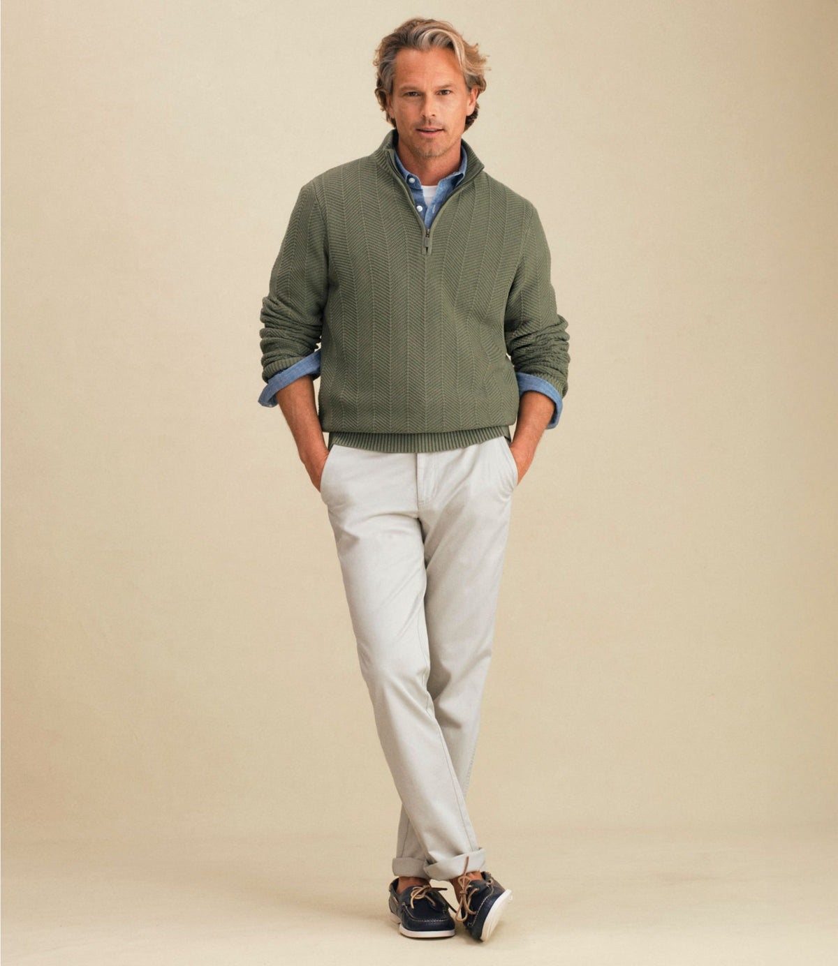 L.L.Bean Men's Sunwashed Textured Cotton Sweater, Herringbone 1/4 Zip Fig