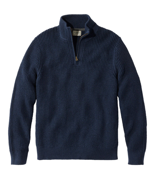 L.L.Bean Men's Organic Cotton Waffle Sweater, Quarter Zip Carbon Navy