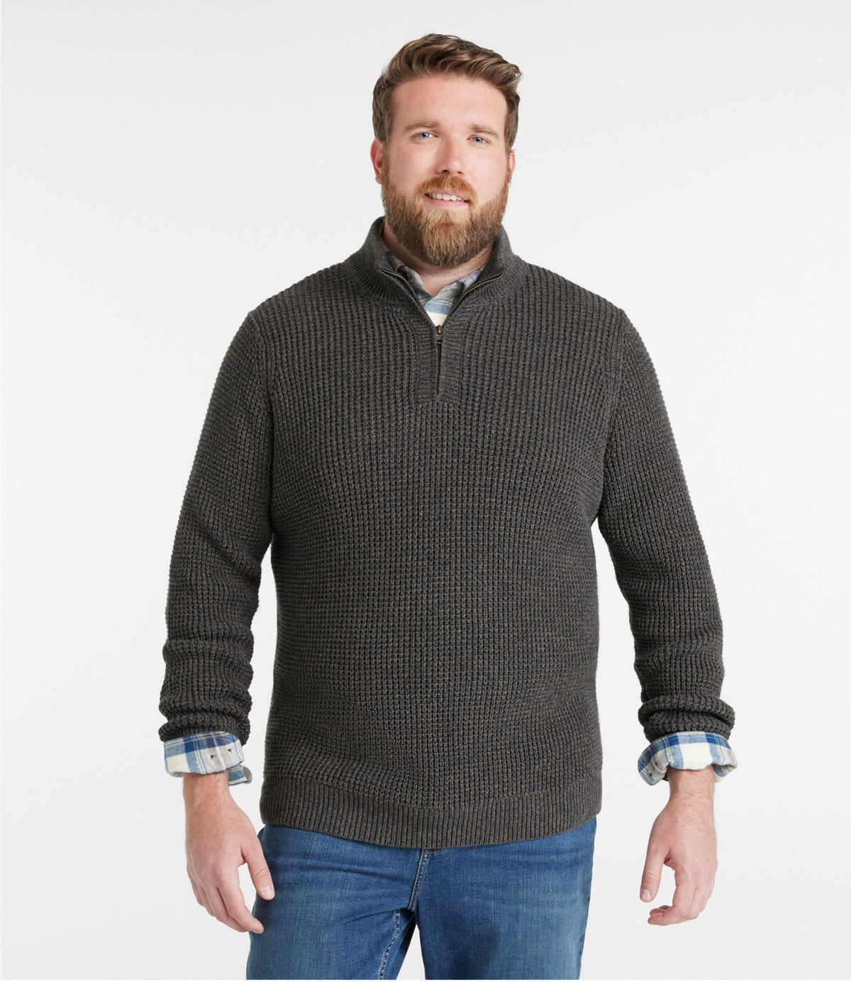 L.L.Bean Men's Organic Cotton Waffle Sweater, Quarter Zip Carbon Navy