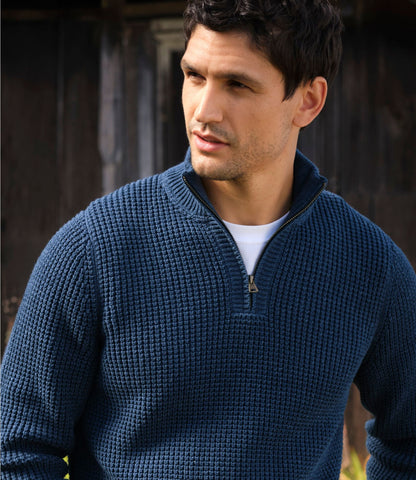 L.L.Bean Men's Organic Cotton Waffle Sweater, Quarter Zip Carbon Navy