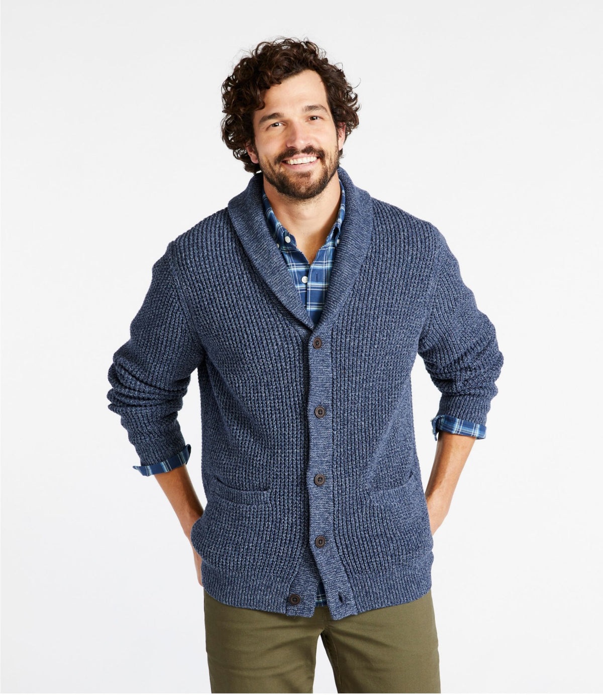 L.L.Bean Men's Organic Cotton Waffle Sweater, Cardigan Field Khaki