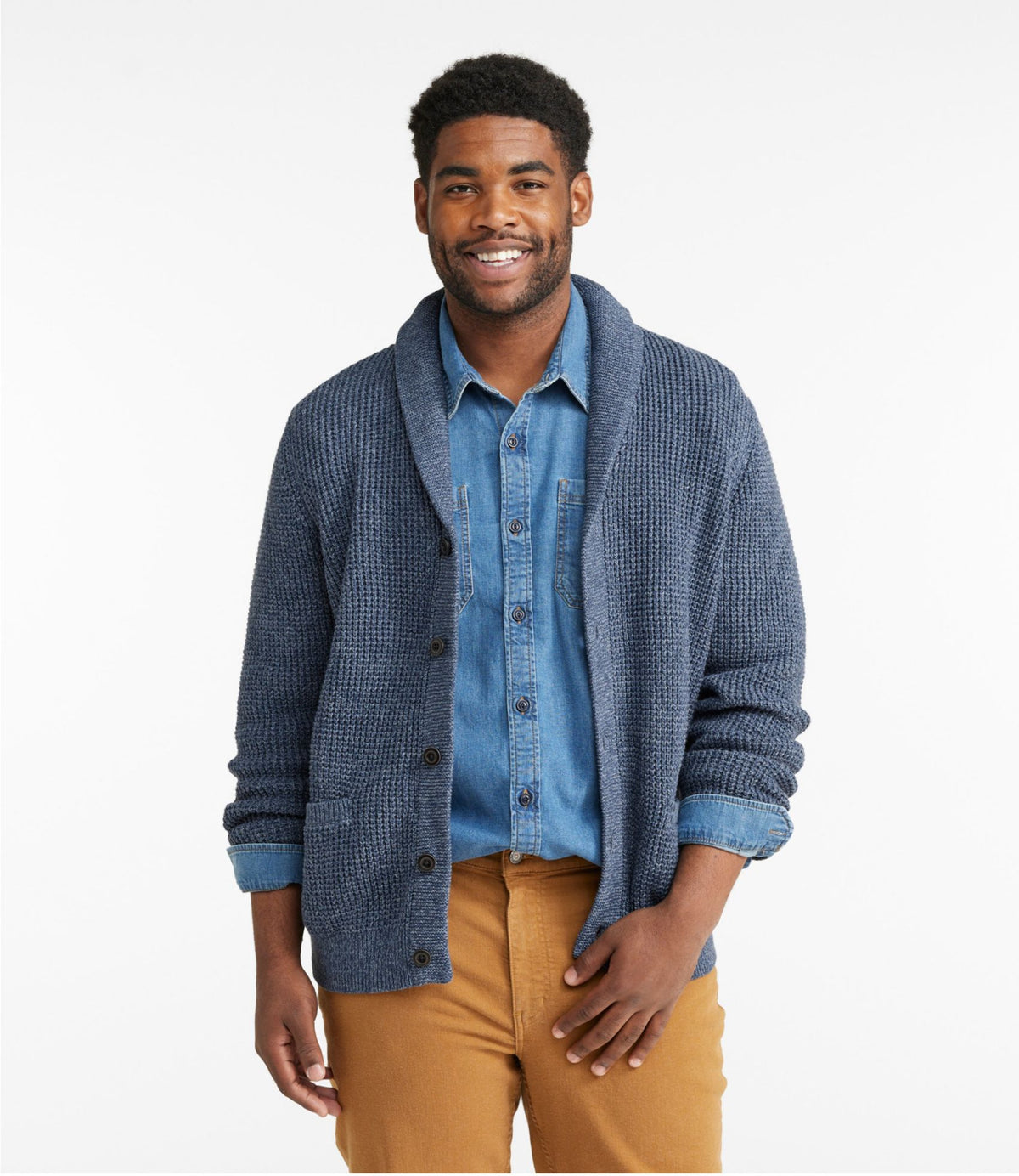 L.L.Bean Men's Organic Cotton Waffle Sweater, Cardigan Field Khaki