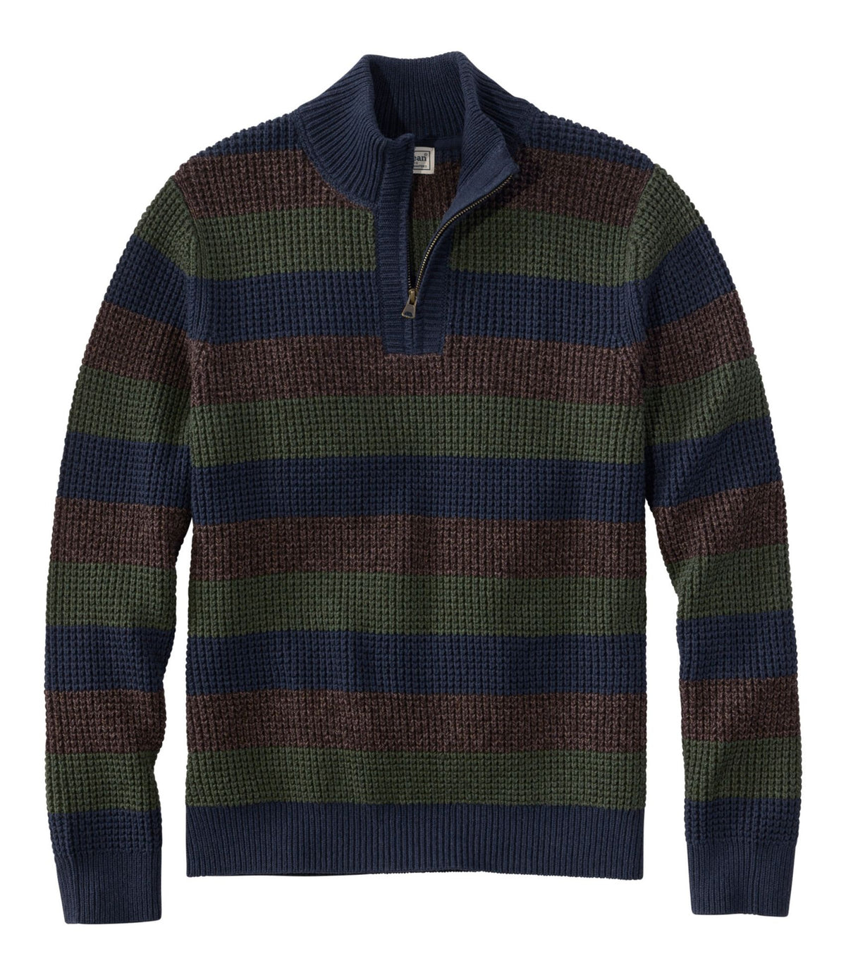 L.L.Bean Men's Organic Cotton Waffle Sweater, Quarter Zip, Stripe Classic Navy Stripe